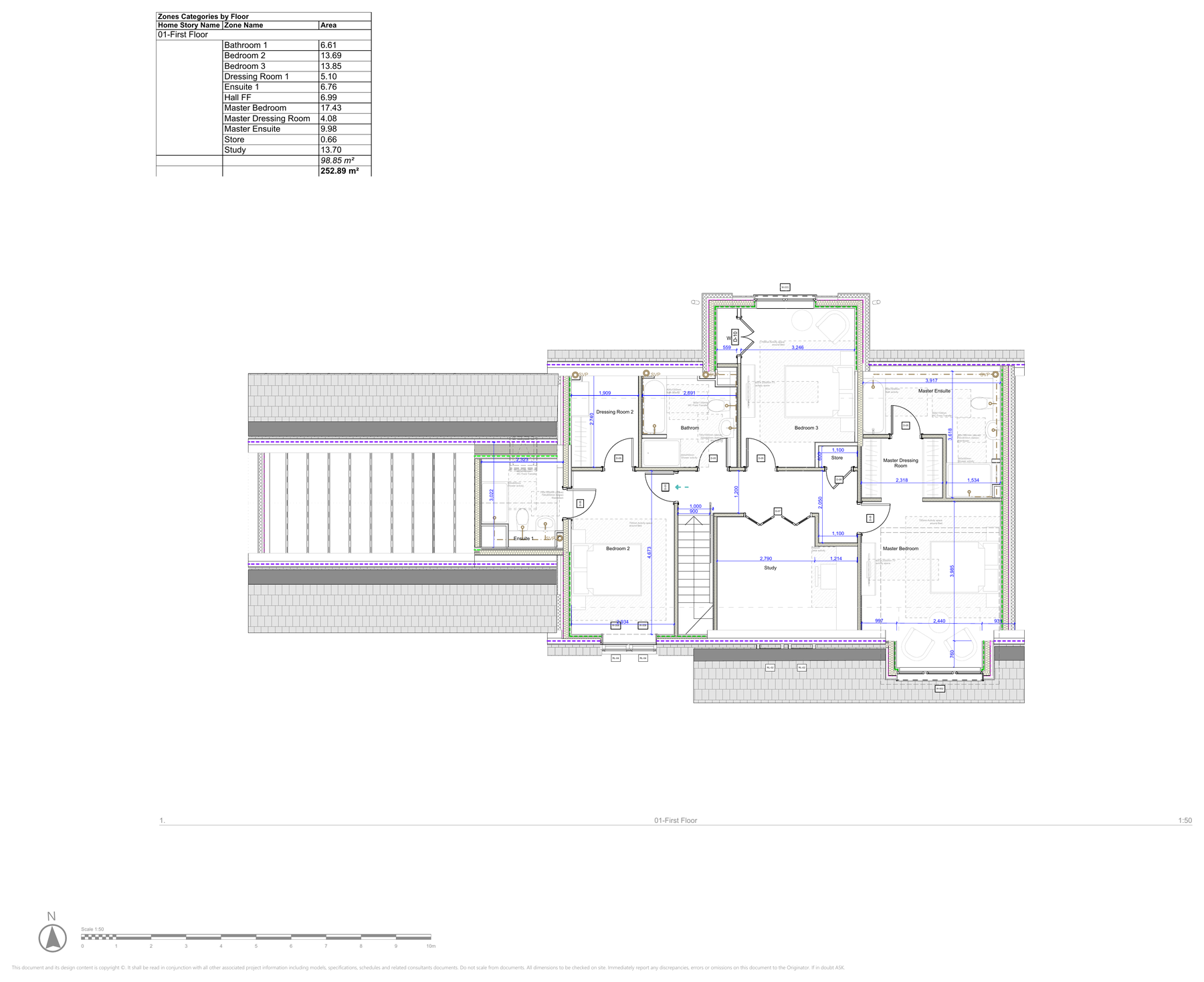 First floor layout for Hollywalk Meadows showing master bedroom, master ensuite and dressing room, bedrooms 2 and 3, study and room areas